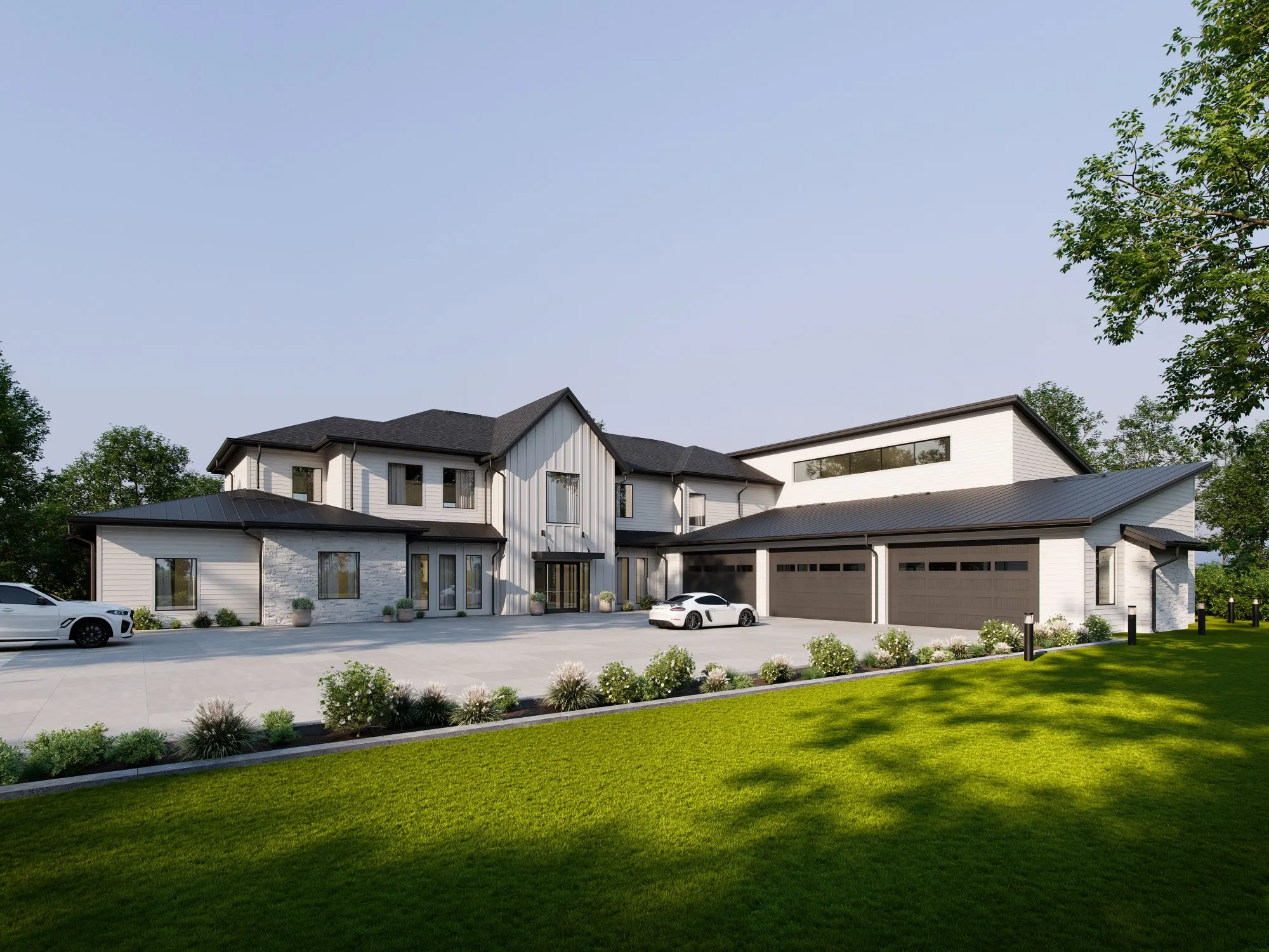 3D rendering of a two-story white residence with dark metal roofs, a tall gabled entry, a stone-clad wing, and a three-car garage, seen across a paved motor court and lawn.