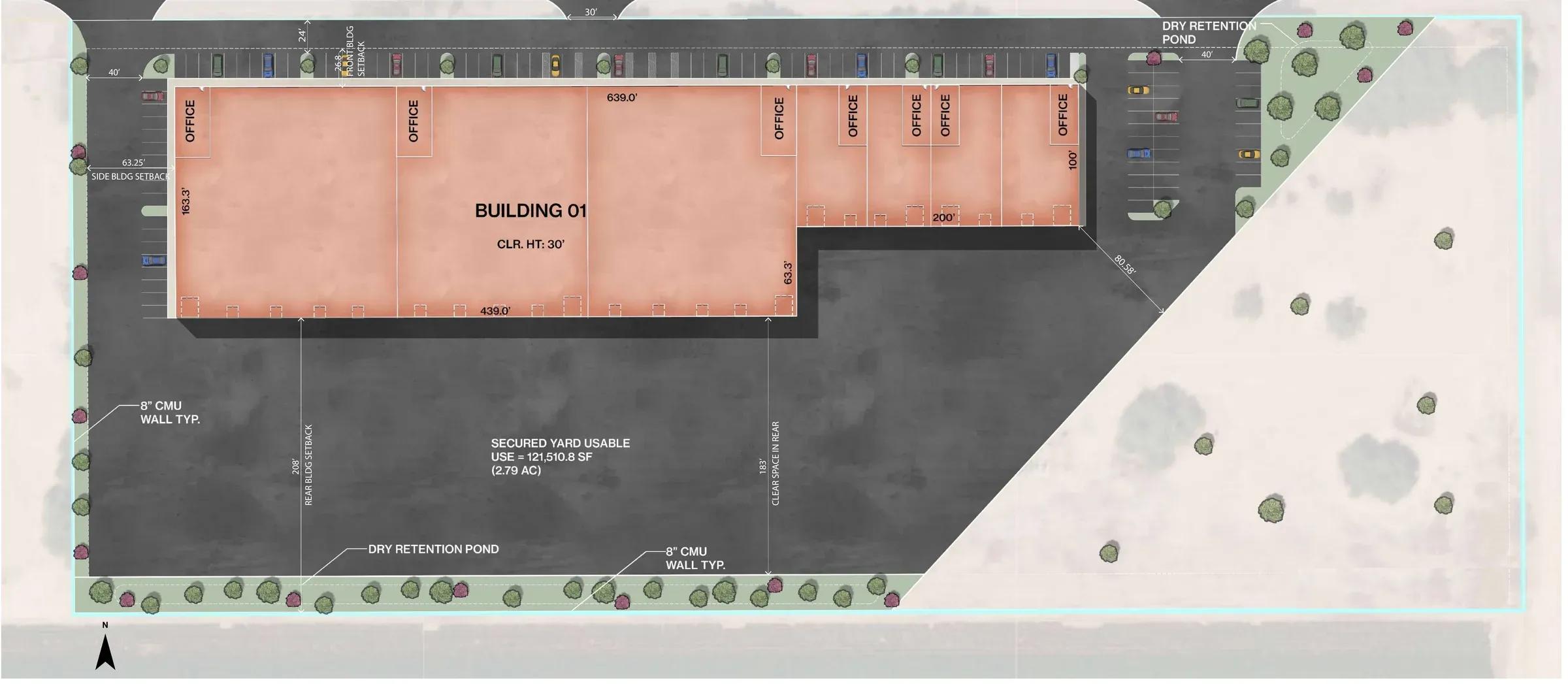 Colored conceptual site plan of a long industrial building with offices along the front, parking along the street side, a large secured yard at the rear, and landscape buffers at the lot edges.