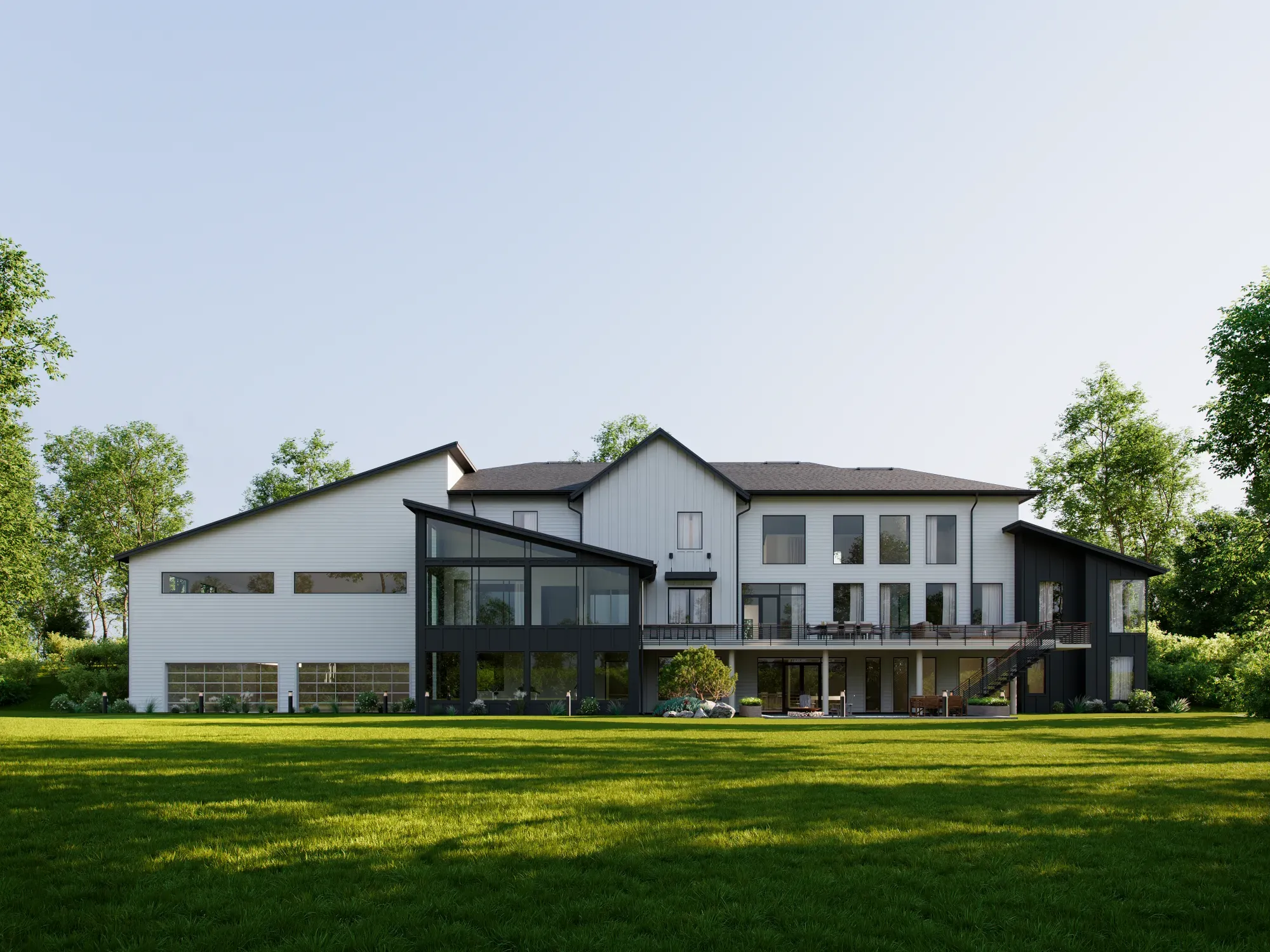 3D rendering of the rear of the residence: a white three-level facade with a dark-framed angled glass room, a long deck with a stair, and a walkout lower level opening to the lawn.