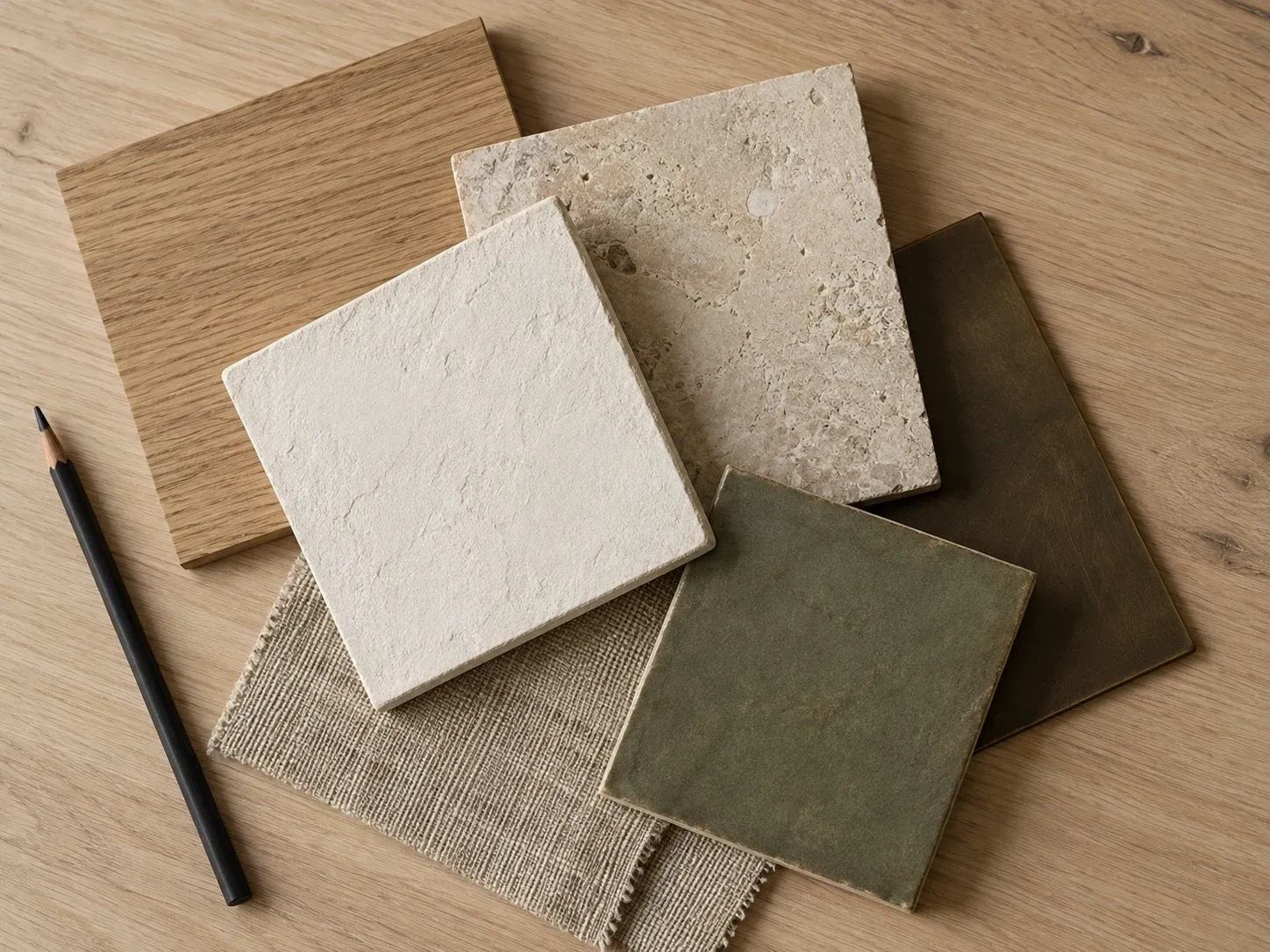 Material samples on an oak table: wood, limestone, plaster, bronze, green tile, and linen, with a pencil