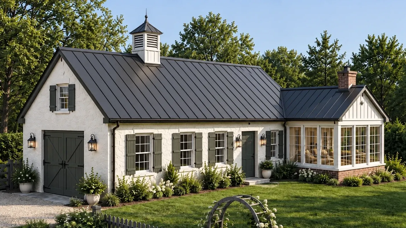 Rendering of a cream stucco wood shop with a dark standing seam metal roof, a cupola, shuttered windows, a barn-style door on the gable end, and a glazed studio wing with a brick chimney, behind a lawn and a picket fence.