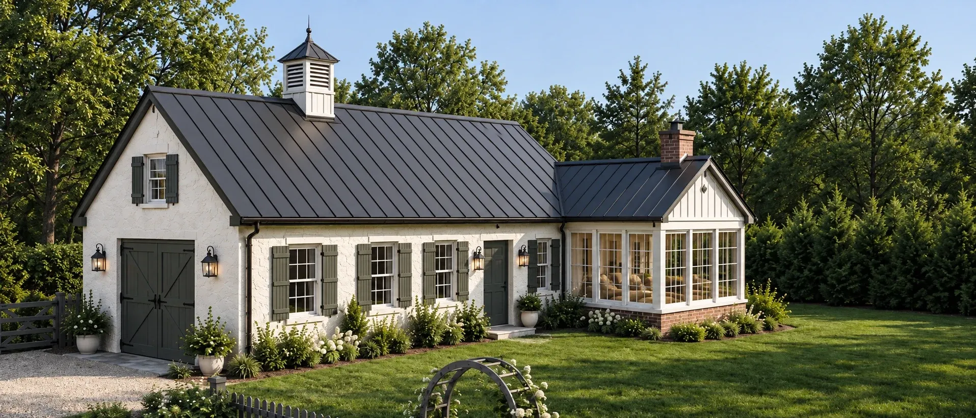 Rendering of a cream stucco wood shop with a dark standing seam metal roof, a cupola, shuttered windows, a barn-style door on the gable end, and a glazed studio wing with a brick chimney, behind a lawn and a picket fence.